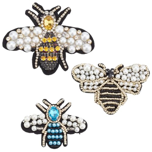 WEBEEDY 3 Stück Kristall-Bienen-Perlen-Aufnäher Stickerei Nähen Dekorative Aufnäher Zum Aufnähen von Kristallperlen-Stoffapplikationen Für Kleidung, Taschen, Hosen, Scrapbooking, DIY-Projekte von WEBEEDY