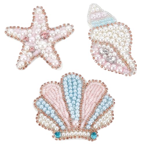 WEBEEDY 3 Styles Meertiere Perlenaufnäher Perlenapplikation Nähen Aufnäher Rosa Muscheln Seesterne Form Strass Perlenapplikation für Kleidung Tasche Schuhe von WEBEEDY