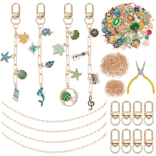 WEBEEDY 343-teiliges goldenes Schlüsselanhänger-Set zum Selbermachen von Taschen, Charms, Großpackung mit 141 Emaille-Anhängern, 2 m Verlängerungskette, 25 Schlüsselanhänger-Clips für Handtaschen von WEBEEDY