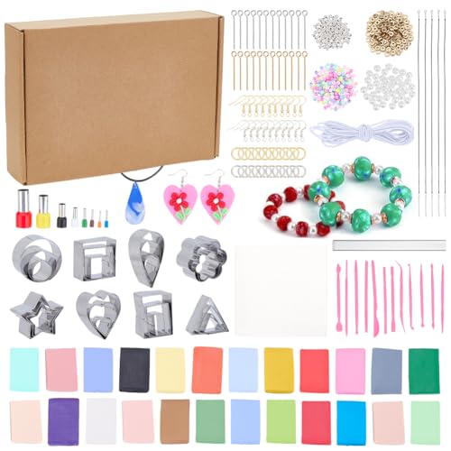 WEBEEDY 345 PCS DIY Schmuck Bastelset für Erwachsene Anfänger erstellen 5 Halsketten 5 Armbänder 20 Ohrringe Polymer Clay Schmuck machen Kit mit 24 Farben Polymer Clay Ohrring Zubehör von WEBEEDY