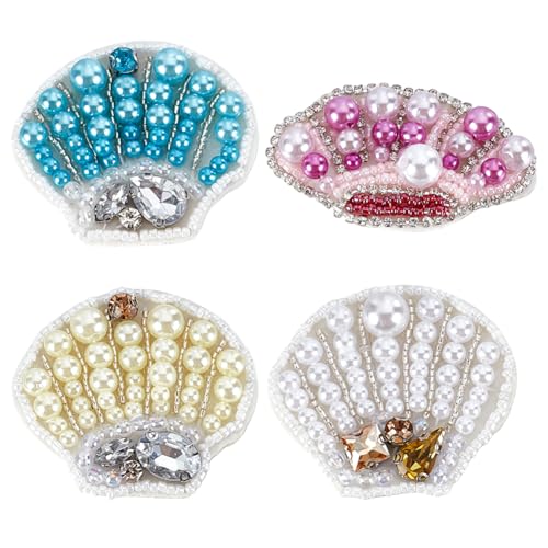 WEBEEDY 4 Farben Muschel Perlen-Aufnäher DIY Aufnäher Mit Strass Stickerei Applikation Glänzende Meerestiere Perlen Applikation Cartoon Reparatur Patch Für Kleidung Tasche Schuhe von WEBEEDY
