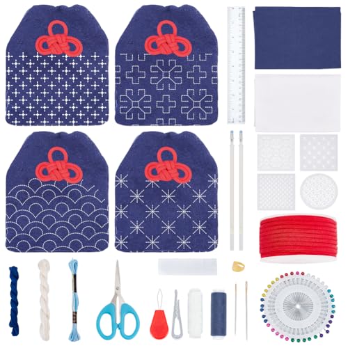 WEBEEDY 4 Sets DIY Sashiko Japanische Omamori Amulett Set Zur Dekoration Handgemachte Japanische Glücksbringer Set Mit Sashiko Vorlage Segnende Glücksanhänger Zum Aufhängen von WEBEEDY