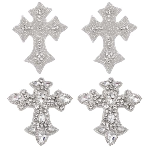 WEBEEDY 4 Stück 2 Stile Kreuz-Applikationen, zum Aufnähen und Aufbügeln, Strass-Kreuz-Applikation, Dekoration, DIY-Abzeichen, Perlen-Patches für Kleidung, Rucksäcke, Taschen, T-Shirts, Jeans von WEBEEDY