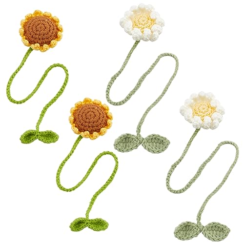 WEBEEDY 4 Stück Gänseblümchen Lesezeichen Sonnenblumen Lesezeichen Leser Buchliebhaber Geschenke Häkelblumen Lesezeichen für Buch Handgefertigte Gestrickte Lesezeichen von WEBEEDY