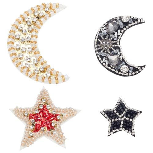 WEBEEDY 4 Stück Sterne Und Mond-Strass-Perlen-Aufnäher Zum Aufnähen von Kristall-Applikationen DIY-Bling-Pailletten-Stickerei Dekorative Applikationen Aufnäher Für Kleidung, Kleid, Hut, Tasche, Jacke WEBEEDY 4 Stück Sterne Und Mond-Strass-Perlen-Aufnäher Zum Aufnähen von Kristall-Applikationen DIY-Bling-Pailletten-Stickerei Dekorative Applikationen Aufnäher Für Kleidung, Kleid, Hut, Tasche, Jacke von WEBEEDY