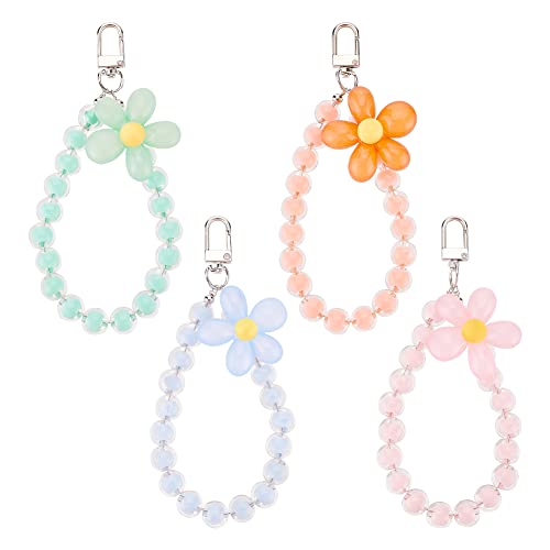 WEBEEDY 4 Stücke Beaded Phone Lanyard Wrist Strap Cute Kawaii Flower Floral Bracelet Keychain Anti-Lost Phone Charm String Phone Keychain Dekorationen Zubehör für Frauen Mädchen von WEBEEDY