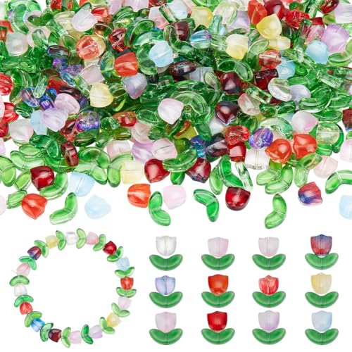 WEBEEDY 480 Stück Tulpenblumen-Perlen aus Glas, durchscheinende Blumenperlen für Schmuckherstellung, bunte, handgefertigte Abstandshalter, Anhänger für Halsketten, Ohrringe, Armbänder, Bastelarbeiten von WEBEEDY