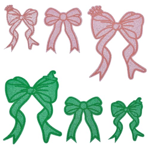 WEBEEDY 6 Größen 2 Farben Glitzer Schleifen Patches Applikation zum Aufbügeln/Aufnähen Glitzer Schleifen Applikation DIY Dekorations Patches Für Kleidung Kleid Taschen Schuhe(Pink Grün) von WEBEEDY