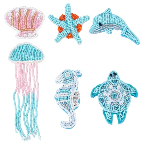 WEBEEDY 6 Styles Meerestiere Perlenaufnäher Perlenapplikation Nähaufnäher Seesterne Quallen Delfine Muscheln Meeresschildkröten Seepferdchen Form Strassapplikation für Klamotten von WEBEEDY