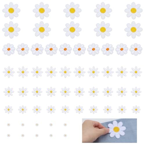 WEBEEDY 60 PCS Weißes Gänseblümchen Aufnäher 6 Größen Niedliches Gesticktes Gänseblümchen Aufbügeln/Nähen auf Blumenaufnäher DIY Dekoration Aufnäher für Kleidung, Hut, Taschen, Schuhe (1.1-6cm) von WEBEEDY