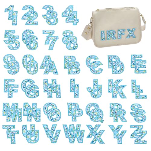 WEBEEDY 72 Stück blaue alphanumerische selbstklebende Aufnäher, Buchstaben A-Z und 0–9 Zahlen, bestickt, niedliches Blumenmuster, DIY-Dekoration, Applikation für Kleidung, Kleid, Jeans, Jacke, Hut von WEBEEDY