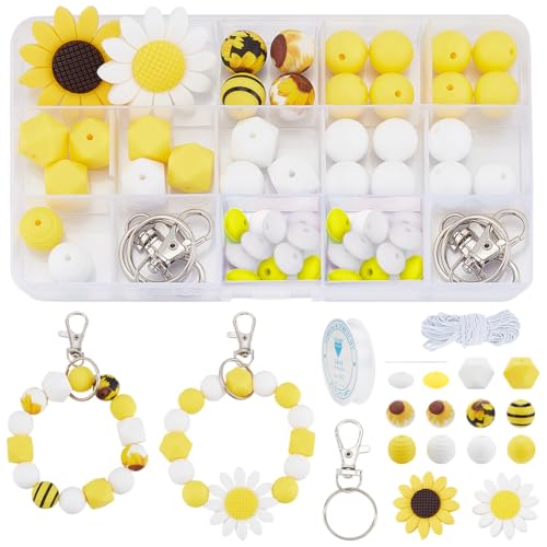 WEBEEDY 78 PCS DIY Sonnenblume Form Silikonperlen für Schlüsselanhänger Stift Making Kit Sonnenblume Drucke Spacer Perle mit Elastische Schnur Erwachsene DIY Schlüsselanhänger Armband Halskette von WEBEEDY
