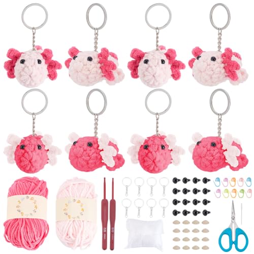 WEBEEDY 8 Häkel-Set für Anfänger Erwachsene Häkel Tier Kits Mit Anleitung Garne Haken Zubehör Lerne Zu Häkeln Schlüsselanhänger Bastelset (Axolotl) von WEBEEDY