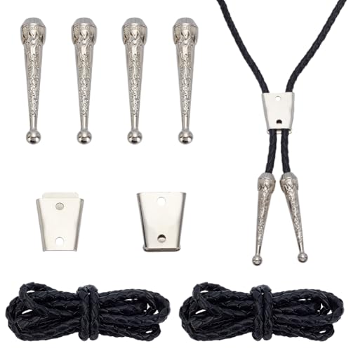 WEBEEDY 8 PCS Bolo Tie Verschluss Zubehör Bolo Tie Findings Kit mit 2 PCS Bolo Tie Slides Clasps, 4 PCS Alloy Cord Ends und 2 PCS Black Ropes für Bolo Tie Making von WEBEEDY
