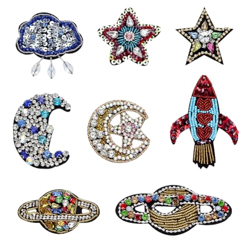 WEBEEDY 8 Stile Strass-Aufnäher mit Perlen Kosmischen Serie Zum Aufnähen von Pentagrammen Monden Planeten Raketen Wolken Applikationen Für Kleidung Jacke Hut Schuhe WEBEEDY 8 Stile Strass-Aufnäher mit Perlen Kosmischen Serie Zum Aufnähen von Pentagrammen Monden Planeten Raketen Wolken Applikationen Für Kleidung Jacke Hut Schuhe von WEBEEDY