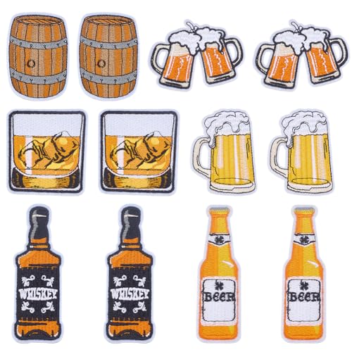 WEBEEDY Aufnäher zum Aufbügeln, Whiskey, Prost, Getränk, bestickte Applikationen, Verzierungen, Glasflasche, Bier, zum Aufnähen, Basteln, Rucksack, Hut, Tasche, Jacken, Kleidung, Dekoration, 12 Stück von WEBEEDY