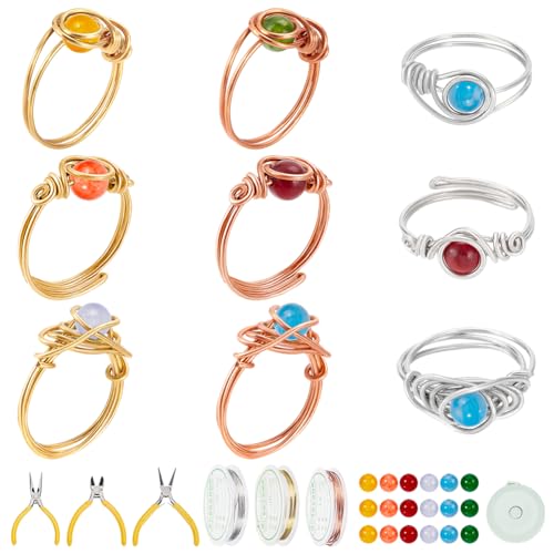 WEBEEDY Chalcedon-Ring-Set mit Draht umwickelt zur Herstellung von 18 Ringen, inklusive Schmuckdraht, Perlen, Schmuckzange, Messschieber, DIY-Drahtring-Set, DIY-Schmuckherstellung, Valentinstag von WEBEEDY