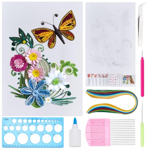 WEBEEDY DIY Schmetterling Blume Papier Quilling Kit für Erwachsene Anfänger Tier Thema Papier Quilling Making Kit mit Papier Quilling Streifen Werkzeuge und Anleitung Wanddekoration (A4, 21x29,7 cm) von WEBEEDY