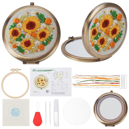 WEBEEDY DIY Stickerei Spiegel Set Handgemachte Faltbare Spiegel Stickerei Starter Kit mit Blume Gedruckt Muster, Stickerei Hoop, Thread für Anfänger Einzigartiges Geschenk (Sonnenblume) von WEBEEDY