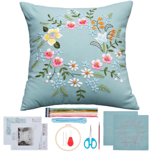 WEBEEDY DIY Stickkissen Set Für Anfänger DIY Kissenbezug Kreuzstich Sets Mit Floralem Muster Für Erwachsene Blumen Dekorative Kissenbezug Nähsachen 44x44cm (Blau) von WEBEEDY