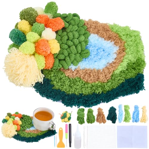WEBEEDY DIY Teppichhaken Untersetzer Kit Komplettes DIY Moos Untersetzer Häkel Kit Mit Netz Filztuch Garn Anleitung Und Weitere Werkzeuge Für Anfänger 17x22cm von WEBEEDY