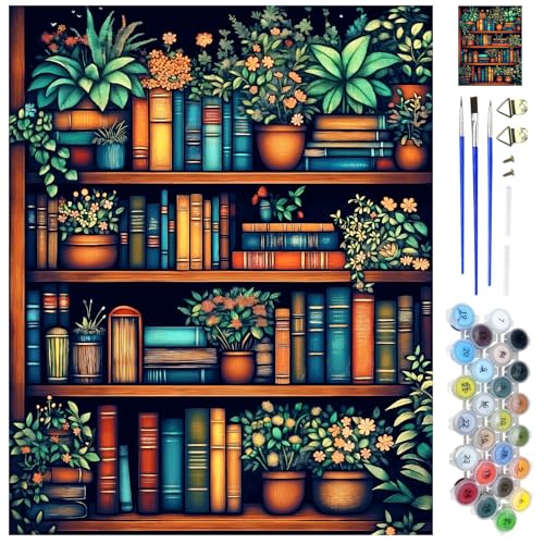 WEBEEDY Erwachsenen Malen Nach Zahlen Set Bücherregal Bücher Malen Nach Zahlen Kit Für Erwachsene Anfänger Leinwand Malset Mit Anleitung Kunstmalerei Set Für Die Heimdekoration 40x50cm von WEBEEDY