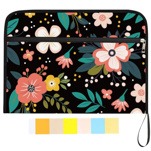 WEBEEDY Fächermappe A4 mit 13 Fächer Boho Blumen Dokumentenmappe erweiterbar mit Reißverschluss,12 Farbetiketten Dokumenten-Organizer Für Fotos Briefe Rechnungen Und Papiere A4 Größe Zurück zur Schule von WEBEEDY
