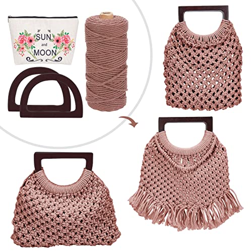 WEBEEDY Makramee Tasche DIY Kit Für Erwachsene Anfänger Boho Makramee Handtasche Mit Holzgriff Handgefertigte Strandtasche Kit Für Frauen/Mädchen Starter DIY Bastelzubehör Set (Bräune) von WEBEEDY