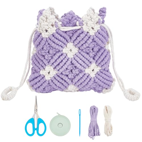 WEBEEDY Mini-Makramee-Geldbörse, DIY-Set, Kordelzug Geldbörse Taschen-Organizer Halter Inklusive 3 mm Lila/Beiger Makramee-Kordel Für Frauen, Urlaub, Stranddekoration, Mit Videoanleitung von WEBEEDY
