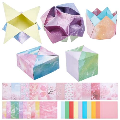 WEBEEDY Origami-Papier-Set zum Basteln, einfaches Origami-Set mit 200 farbigen Papieren, 50 Sternen- und 50 Kirschblüten, doppelseitig, gemusterte Papiere für Bastelarbeiten, Scrapbooking, Dekoration von WEBEEDY