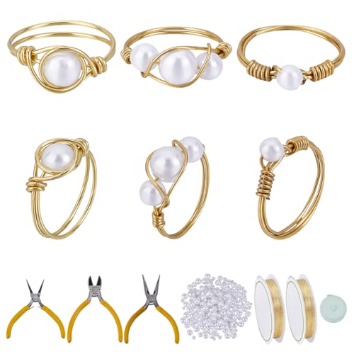 WEBEEDY Perlen Draht Wrapped Ring-Making Bastelset für die Herstellung von 24-Sets Ringe, DIY Draht Ring Set mit Gold Schmuck Drähte, Mini Zangen Werkzeuge für Erwachsene DIY Schmuck Making von WEBEEDY