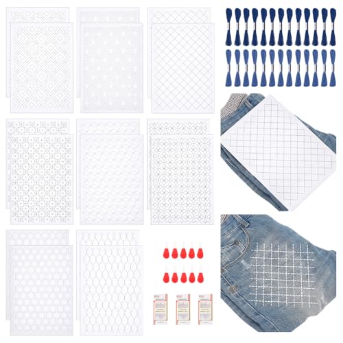 WEBEEDY Sashiko-Stickmuster-Set, 8 Stile, wasserlösliche Stickerei-Transfer-Schablonen mit Faden und Nadeln, wiederverwendbare geometrische Muster-Vorlage zum Nähen, Handsteppen, 21,6 x 29,3 cm, 144 von WEBEEDY