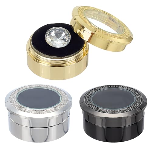 WEBEEDY Schmuckkästchen für Edelsteine, rund, mit klarem Glasfenster und Schwamm innen, 33 x 16 mm, Metall-Schmuckschatulle für Diamanten (Gold, Silber, Schwarz) von WEBEEDY