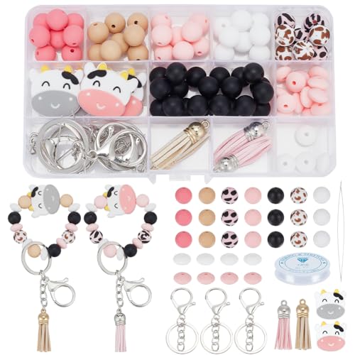 WEBEEDY Silikonperlen-Armband-Schlüsselanhänger-Herstellungsset, Kuh-Thema, Rosa, Verschiedene Silikonperlen, 9 Stile, Abstandsperlen, 2 Farben, Kuh-Ornament Für Armbänder, Schlüsselanhänger, Schmuck WEBEEDY Silikonperlen-Armband-Schlüsselanhänger-Herstellungsset, Kuh-Thema, Rosa, Verschiedene Silikonperlen, 9 Stile, Abstandsperlen, 2 Farben, Kuh-Ornament Für Armbänder, Schlüsselanhänger, Schmuck von WEBEEDY