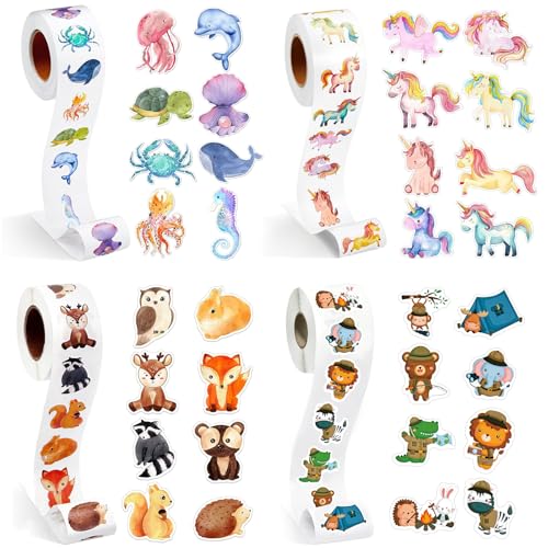WEDAMOO 2000 Stück Animal Sticker Rolle, Runde Tier Aufkleber, Cartoon Tiere Belohnungsaufkleber Selbstklebend, Meerestiere Waldtiere Stickers für Scrapbooking, Umschläge(4 Rolle/32 Muster) von WEDAMOO