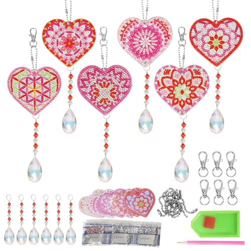 WEDNOK 6 Stück Herz Diamond Painting Bastelset Rot Sonnenfänger Anhänger Kristall Valentinstag Deko Heart Suncatcher zum Basteln für Fenster Valentinstag Muttertag Mutter Geburtstag von WEDNOK