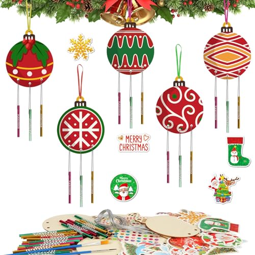 WEDNOK 9 Stück Weihnachtskugeln Windspiel Bastelset Kinder Christbaumkugeln Holz Klangspiel Basteln Bastelhandwerk zum Bemalen Weihnachtsbaumschmuck Kreativsets für Mädchen Junge Weihnachten von WEDNOK