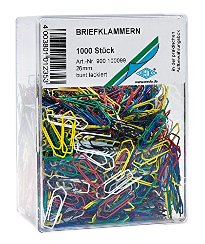 Wedo 900100099 Büroklammer (aus Metall 26 mm, lackiert, in Klarsichtdose) 1000 Stück, farbig sortiert von WEDO