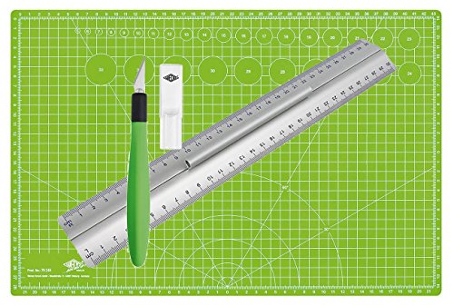 Wedo Pro Cutting Set | Lineal aus Aluminium 30 cm mit Griff für Rechts- und Linkshänder mit rutschsicherer Gummieinlage im Set mit Cutter Skalpell Comfortline mit Softgriff inklusive 5 Ersatzklingen und Schutzkappe und selbst schließender Schneidunterlage von WEDO