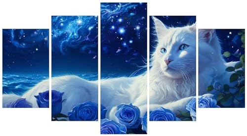 5D Diamond Art Painting 5-teiliger Diamant Painting Bilder Katze Rose Diamond Painting Kinder Erwachsene Bastelset DIY Voll Set Diamond Painting mit Zubehor, für Home Décor Mädchen 125x75cm E-7102 von WEEPEF