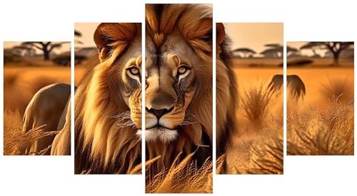5D Diamond Art Painting 5-teiliger Diamant Painting Bilder Löwe Prärie Diamond Painting Kinder Erwachsene Bastelset DIY Voll Set Diamond Painting mit Zubehor, für Home Décor Mädchen 125x75cm E-9202 von WEEPEF