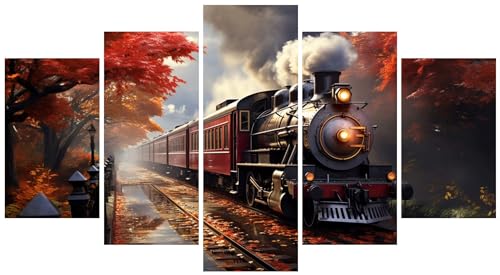 5D Diamond Painting 5 Teilig Groß XXL Zug Landschaft Diamant Painting Bilder Erwachsene 200x120cm DIY Voll Eckige Diamond Art Painting Set, Diamant Malerei Stickerei Kreuzstich Home Wand Dekor E-4469 von WEEPEF