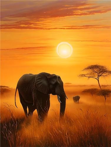Afrikanische Elefanten Diamant Painting Bilder, 5D Diamond Painting Set, DIY Diamond Painting Mosaikherstellung Malen Nach Zahlen Full Drill Malerei für Erwachsene Kinder Room Decor 20x30cm P-224 von WEEPEF