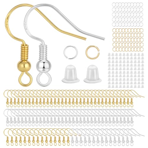 400 Stück Ohrringe Zum Selber Machen, Ohrringe Basteln Set mit Durchsichtigen Gummi Ohrstopper und Spule, Ohrring Haken DIY, Silber Gold Ohrring Anhänger Zum Basteln für Ohrhänger Schmuckherstellung von WEFINEST