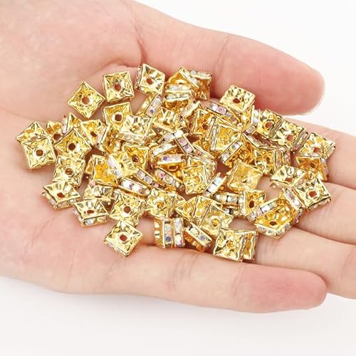 50 Stück 6mm 8mm Quadratische Kristall Strass Rondelle Spacer Perlen Gold versilbert für Schmuckherstellung DIY Armband Halskette von WEIDU
