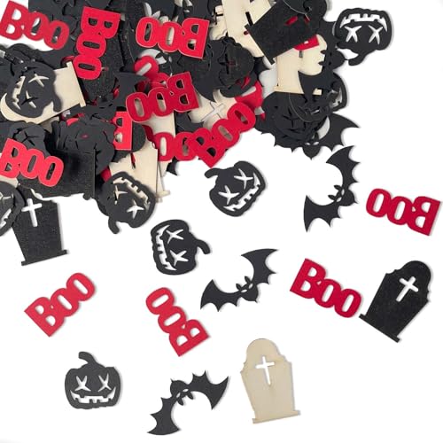 Boo! Halloween Konfetti Set - 100pcs Gruselige Party Dekorationen mit bösen Kürbissen, Fledermäusen & Grabsteinen - Gruselig Festlich Streuen für Tische, Basteln, Geschenktüten (Orange Schwarz Mix) von WEIKA
