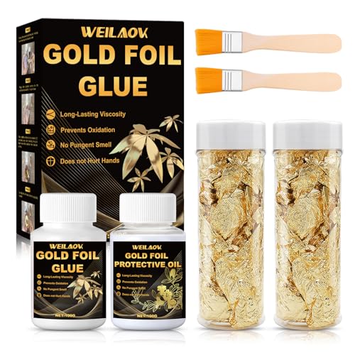 WEILAOK Anlegemilch für Blattgold, Blattgold Kleber, Blattgold zum Basteln, Goldfolie 20g*2,Inklusive 100g Kleber und 100g Wasserbasierter Schutzfarbe, Blattgold Set Wird zum Basteln, Malen WEILAOK Anlegemilch für Blattgold, Blattgold Kleber, Blattgold zum Basteln, Goldfolie 20g*2,Inklusive 100g Kleber und 100g Wasserbasierter Schutzfarbe, Blattgold Set Wird zum Basteln, Malen von WEILAOK