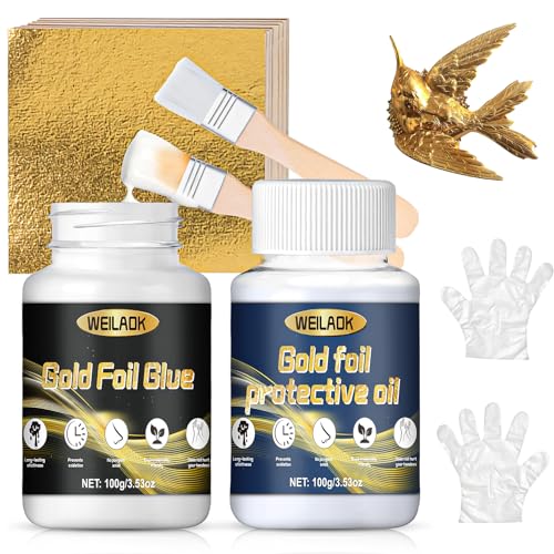 WEILAOK Blattgold Kleber, Goldfolie Zum Basteln, Anlegemilch für Blattgold, Goldpapier Zum Basteln, Mit Wasserbasiertem Blattgoldkleber und Schutzlack, Goldfolie für Handwerk, Heimdekoration, 100ml*2 von WEILAOK