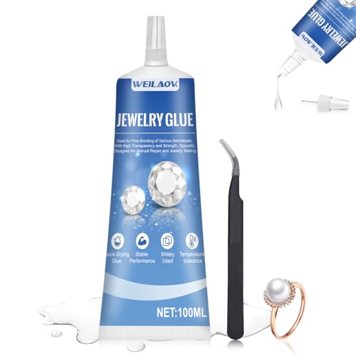 WEILAOK Schmucksteinkleber, Schmuckkleber Transparent, Strasssteine Kleber mit Pinzette, Mehrzweckkleber Zum Präzisen Verkleben von Edelsteinen, Perlen etc, Transparent, mit Feiner Spitze, 100ml von WEILAOK