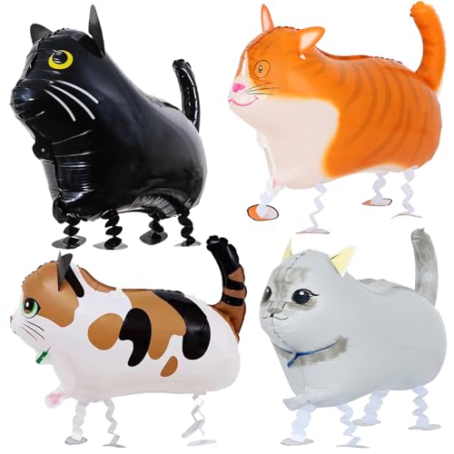 4 Stück Walking Tier Folienballons Katzen, Helium Luftballon Katz, Walking Katze Haustier Ballon für Geburtstag, Airwalker Katze für Kinder Party Deko von WEINIBAO